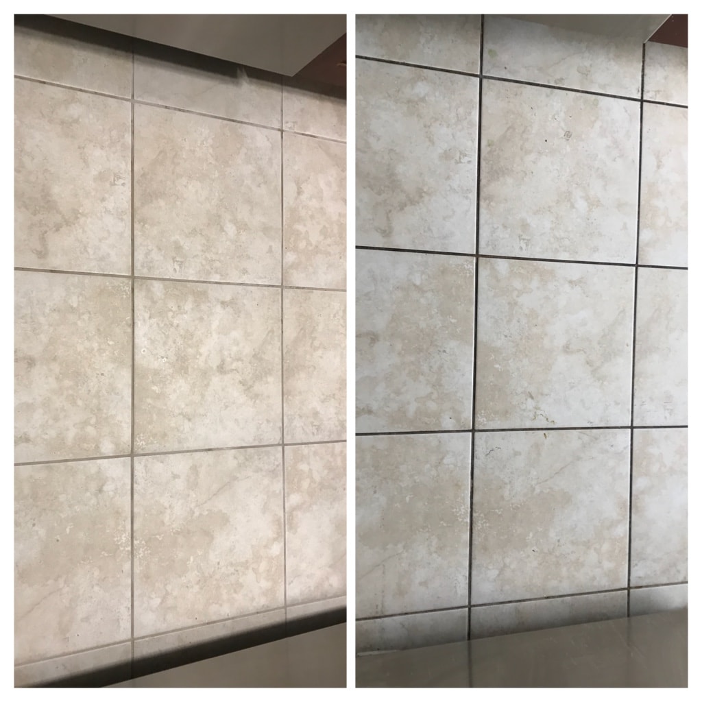 Tile before restoration — stained and discoloured grout
